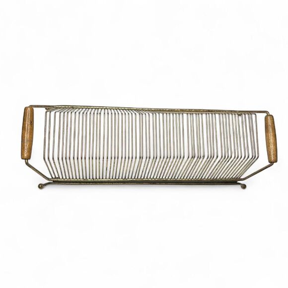 Mid-century modern brass and wood record magazine holder home - Picture 2 of 8